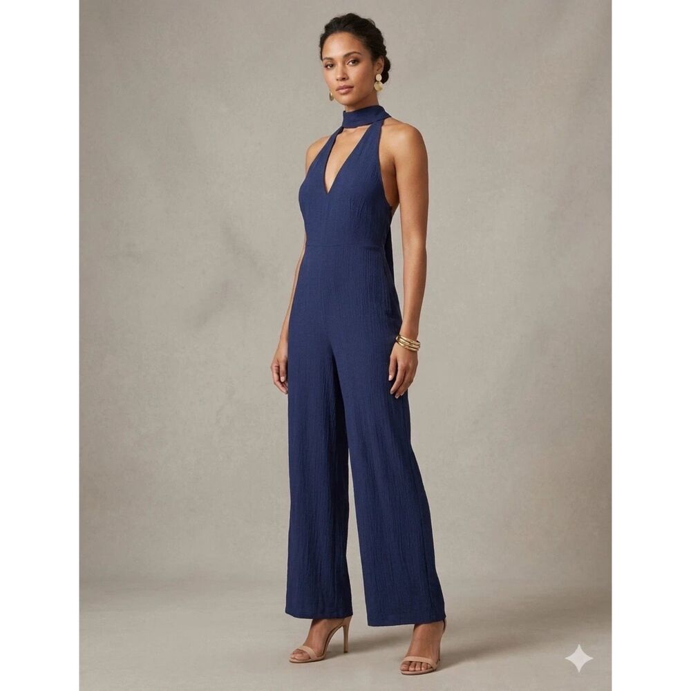 L'atiste By Amy Jumpsuit Womens M Blue Wide Leg Sleeveless halter minimalist New